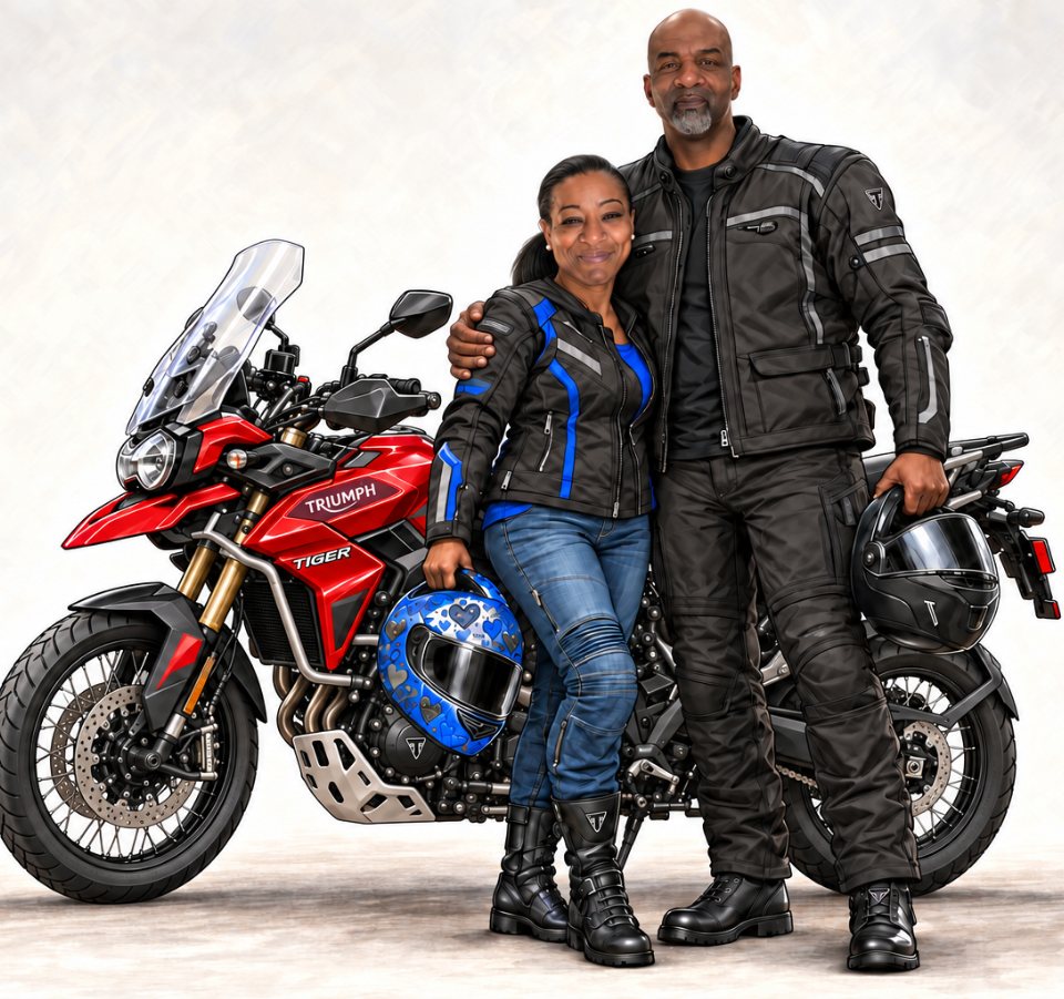 Illustrated portrait of Lorraine and Corey in riding gear beside their motorcycle